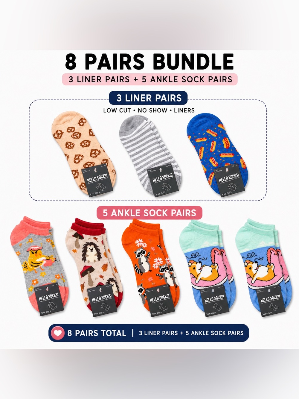 Women's 8-Pair Assorted Color Liner & Ankle Sock Bundle